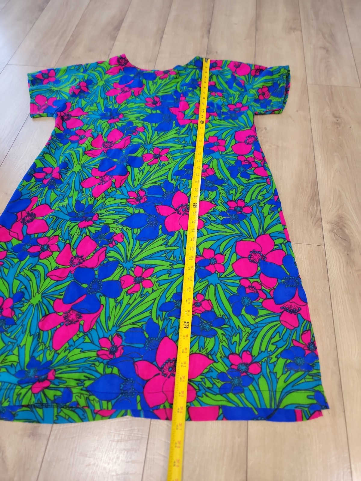 Vintage 60s 70s Psychedelic Mod Floral Dress Neon Pink Blue Green Shift VTG