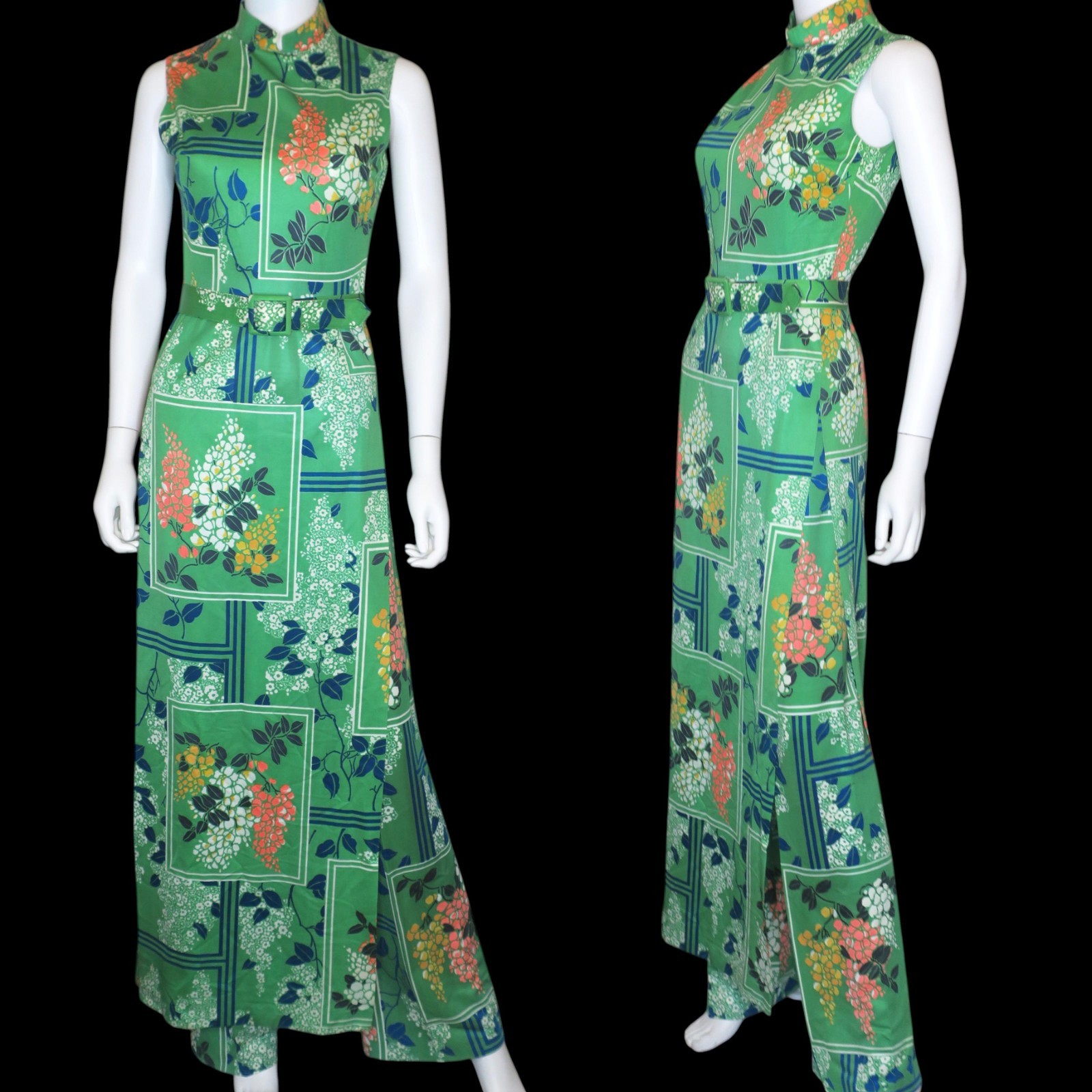 Vintage 70s George Gerring 2 Pc Maxi Dress & Pants Set Asian Mandarin Collar