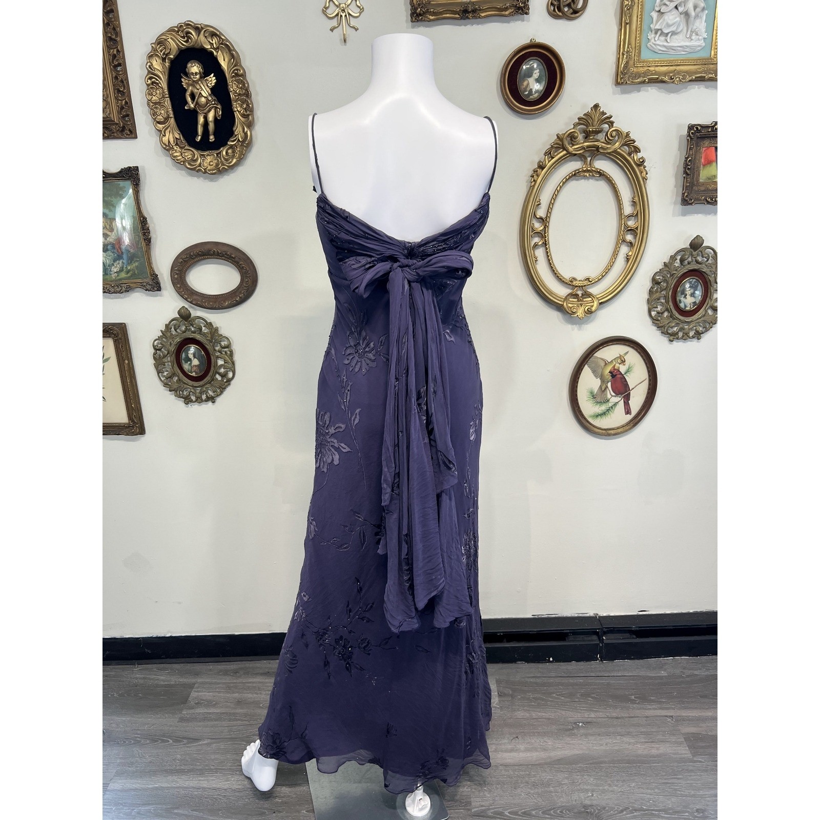 Vintage Martha Lynn Purple Beaded Embroidered Silk Mesh Slip Maxi Gown Dress 6
