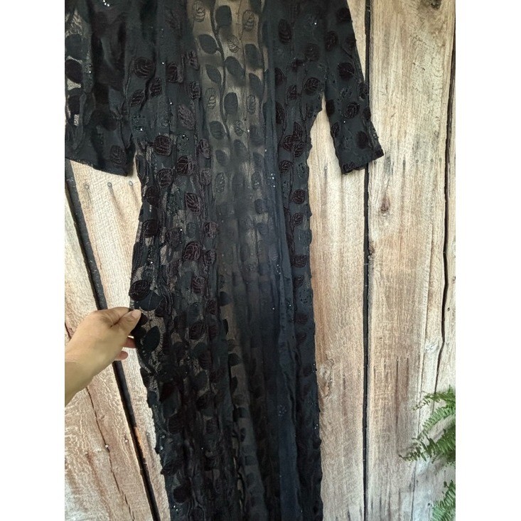 Vintage Black Sheer Duster Leaf Velvet Witchy Goth Beaded Maxi Open Front 59″