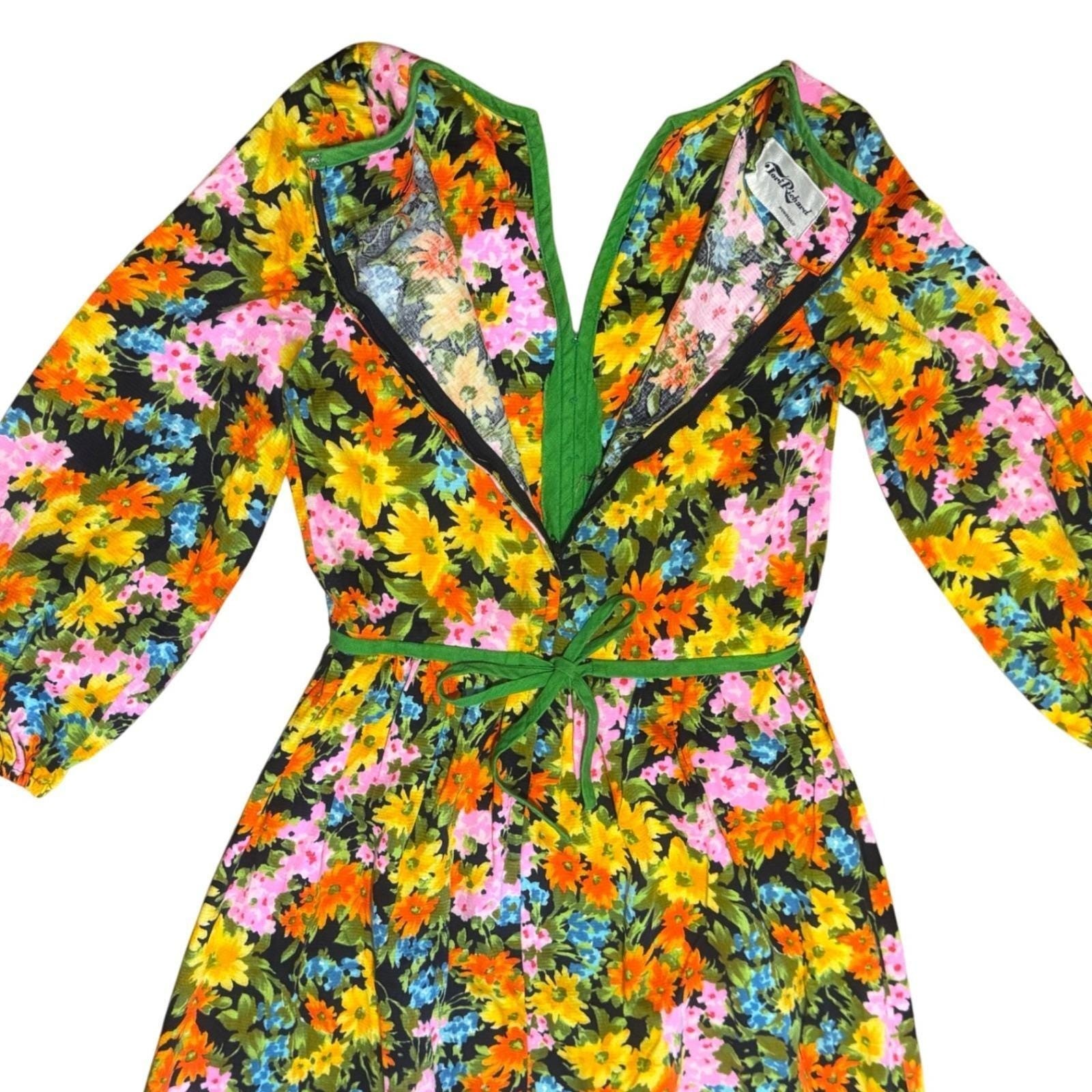 Vintage Tori Richard Honolulu Floral Barkcloth Maxi Dress Green Orange 70s Boho