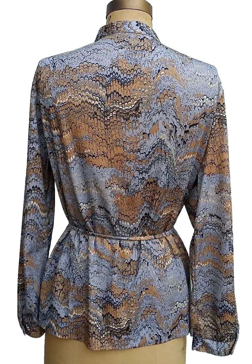 Vintage 1970s Marbleized Print Tunic LS Blouse Mandarin Band Collar Alex Colman