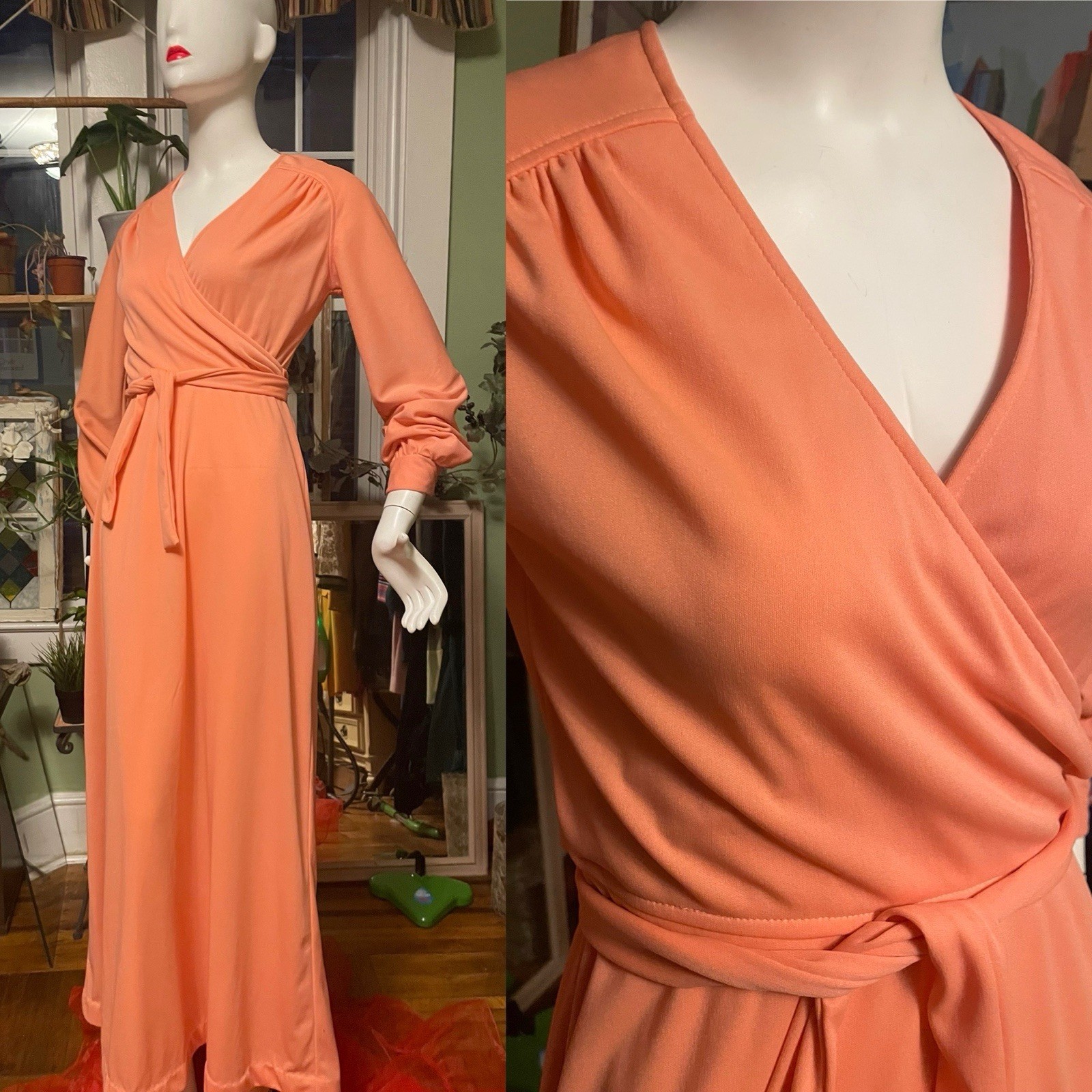 Vtg 60s 70s Faux Wrap Maxi Dress 36 Bust 26 Waist