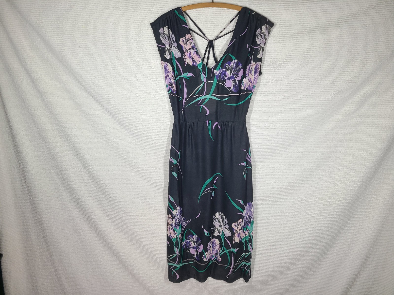1970s Black Iris Dress Strappy Back Disco Rayon Crepe Malibu Media Vintage Rare