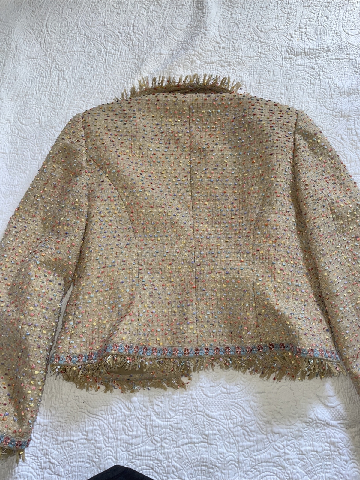Bergamo Studio Beige Cream Tweed Blazer Size 10 Cropped Confetti Jacket Fringe