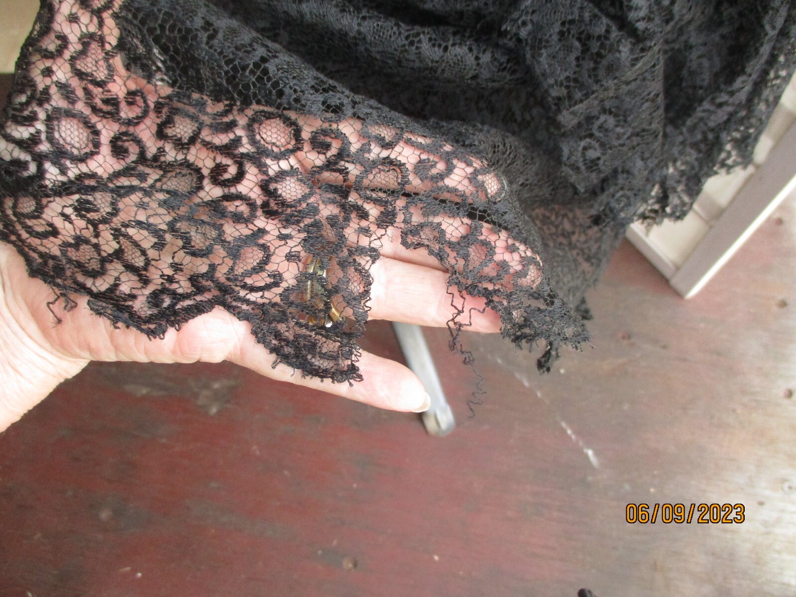 30s 40s Black Satin w/Rhinestones and Lace Slvless Dress sz40x36x42″