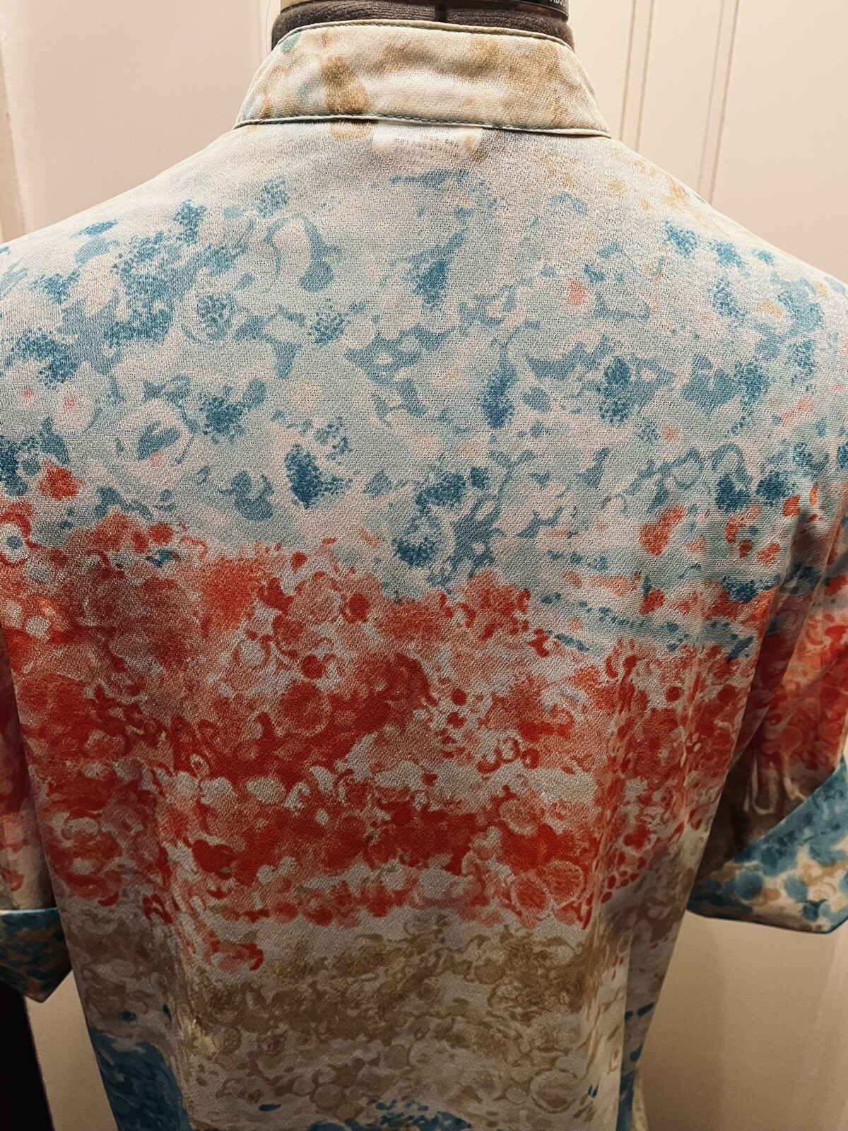 70s TERRY CHICAGO Multicolored PRINT COLLARLESS BUTTON NECK Blouse SHIRT SZ M