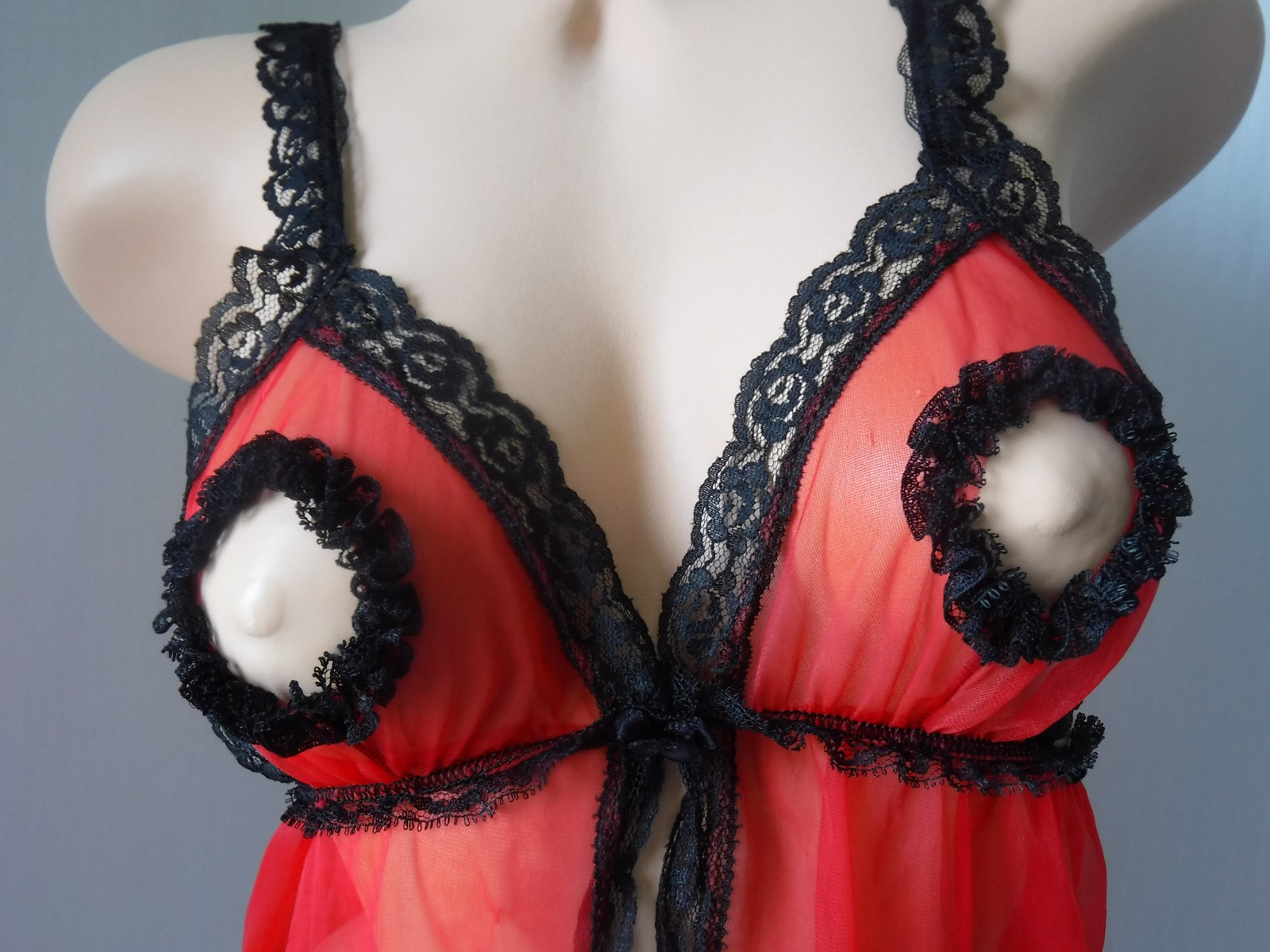 VTG 70s FREDERICKS of HOLLYWOOD Red Chiffon Lingerie Top Nipple Cut Outs S RARE!