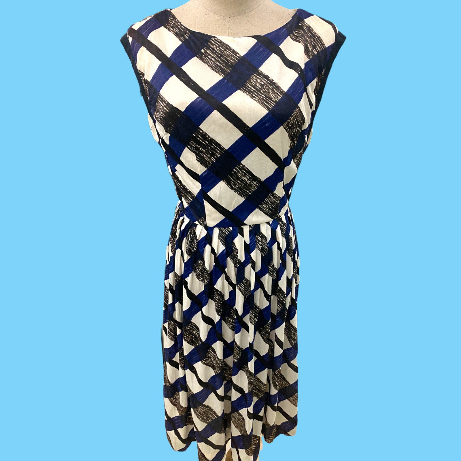 Vintage 1960s Cay Artley Blue Black White Diagonal Striped Dress Small