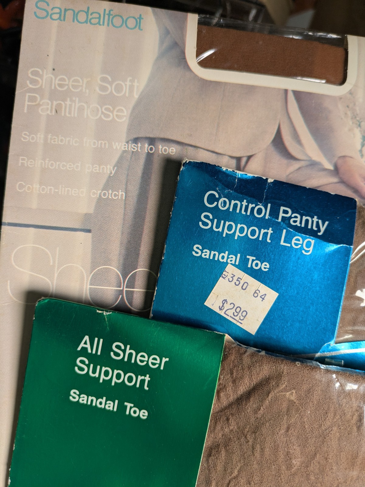 Vtg x3 Pantyhose JCPenney Spirit Lycra Control Sandalfoot Beige Sz A Short Sheer