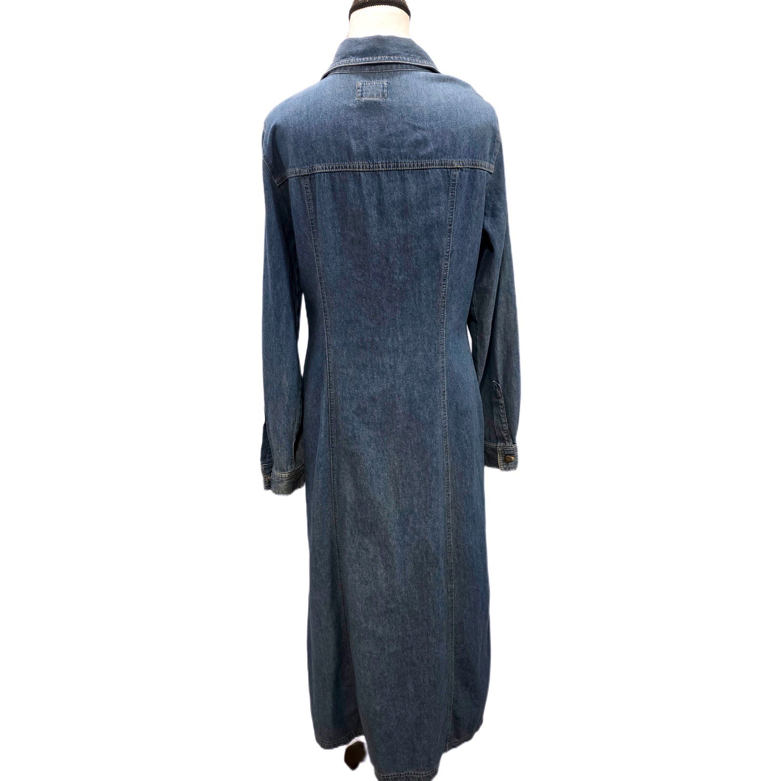 Vintage 1990s Crazy Horse Denim Maxi Shirt Dress M Tall Blue Button Front Cotton