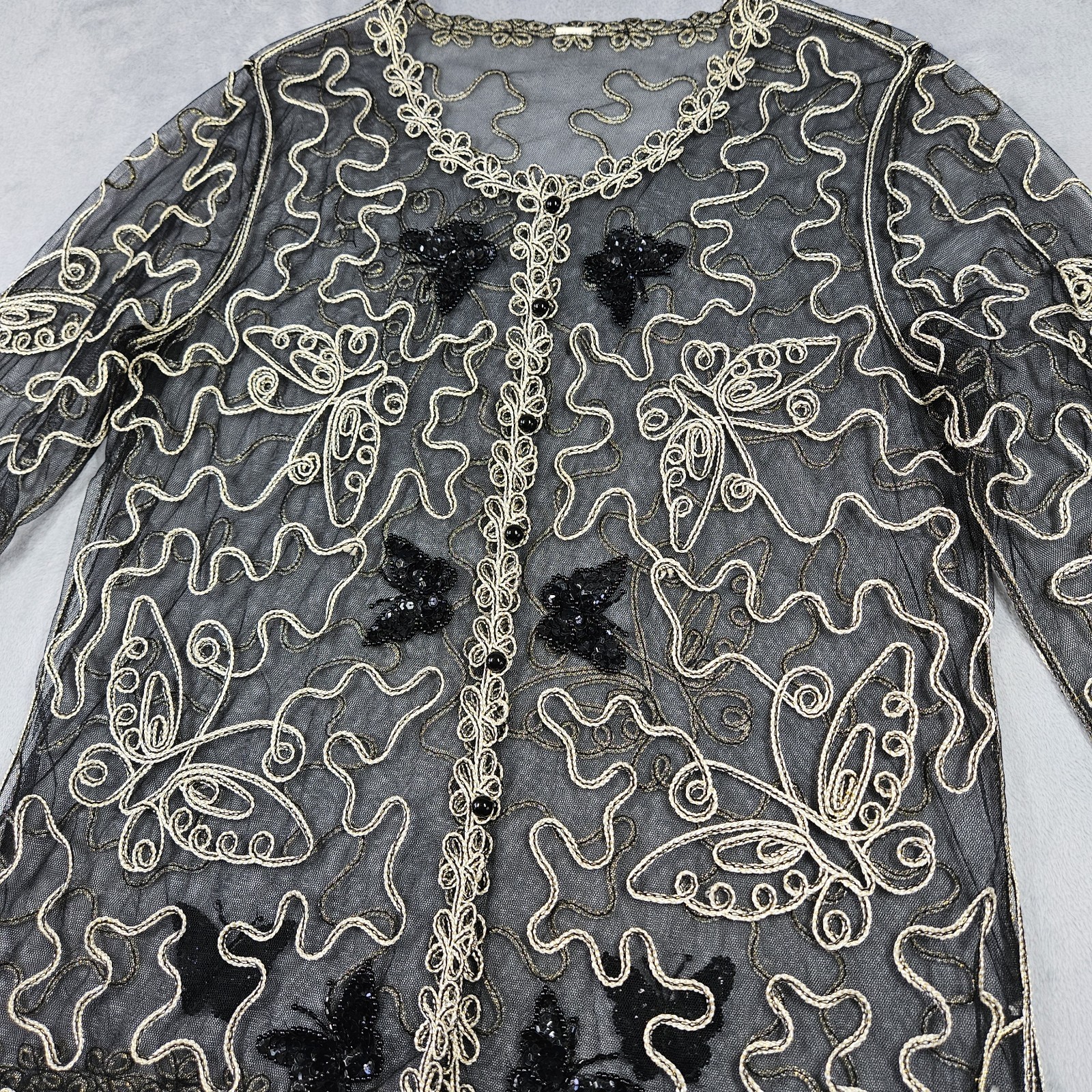 VTG Womens Butterfly 3D Embroidered Sheer Mesh Cardigan Shirt Black Gold No Tag