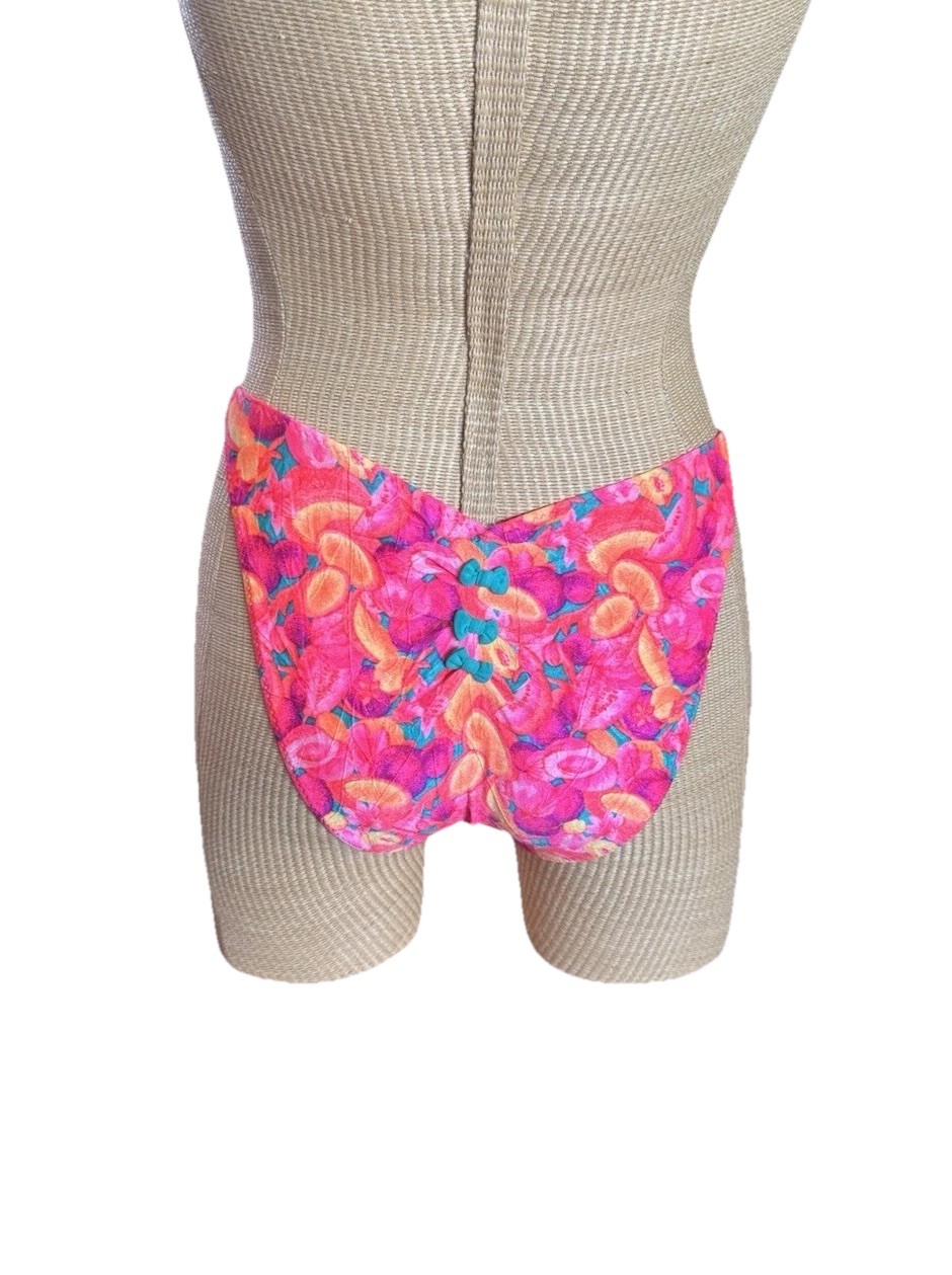 Vintage 90s High Cut Bikini Bottoms Neon Pink Print Ruched Bows USA Made SMALL
