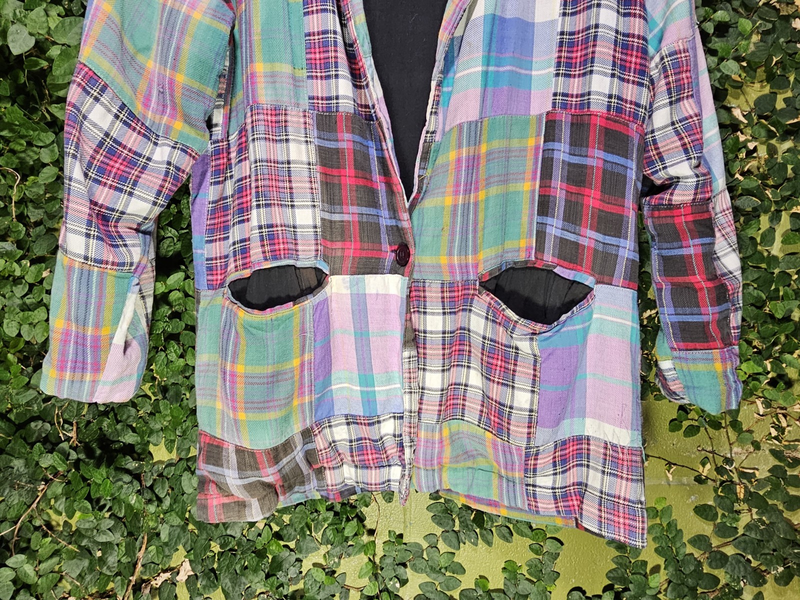 Vintage 80s Tangibles Patchwork Plaid Blazer Boho Preppy Sz M Jacket