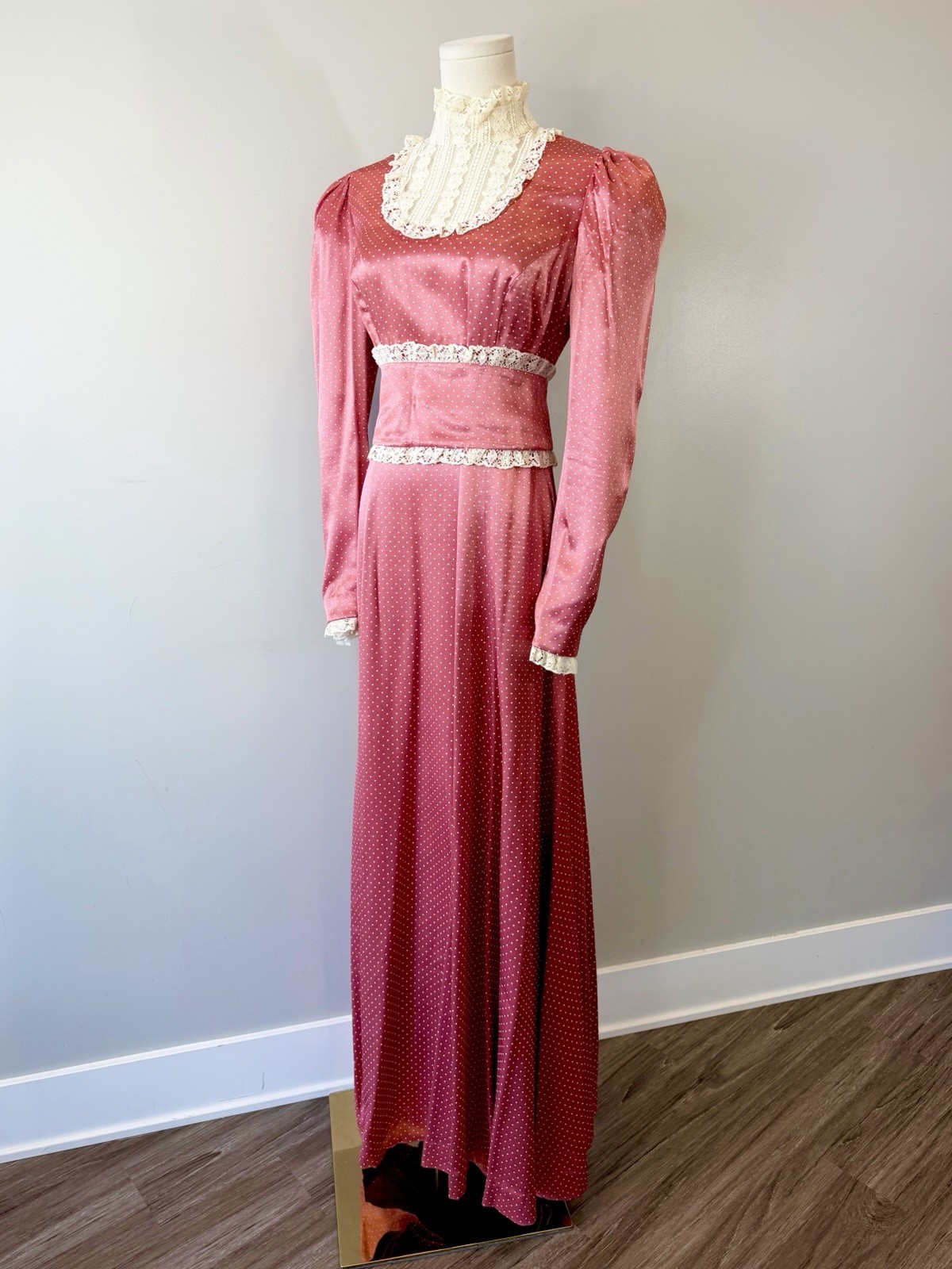 Vintage 1970s Prairie Dress Pink Dot Cottagecore 70s Elegant Edwardian Medium