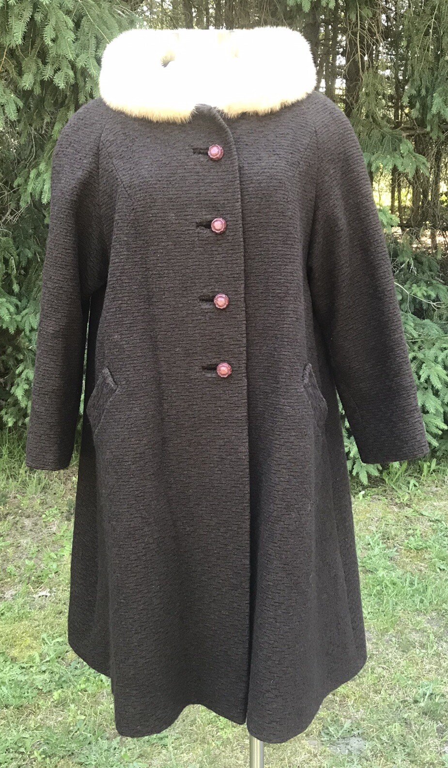 1950s John Wanamaker Brown Wool White Fox Fur Coat Swing Coat