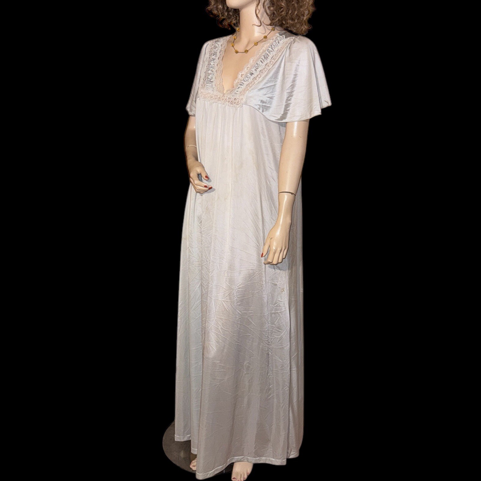 Vintage San Souci Long Lace Inset Blue Nylon Nightgown Sz M