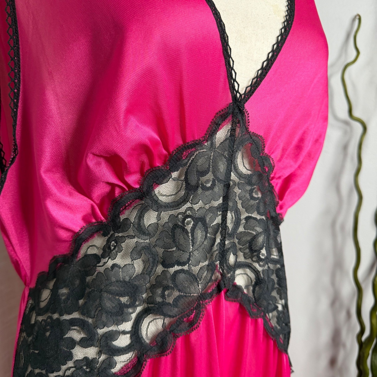 80s Vintage Spotlight Hot Pink Nylon Lace Maxi Nightgown Made in USA Plunge XL