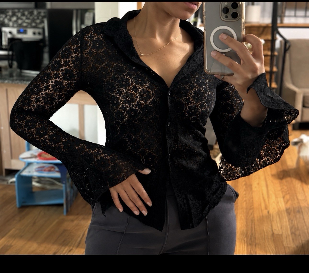 90s Y2K VTG Button Top Small Black Lace Sheer Bell Sleeve Dark Romantic Goth