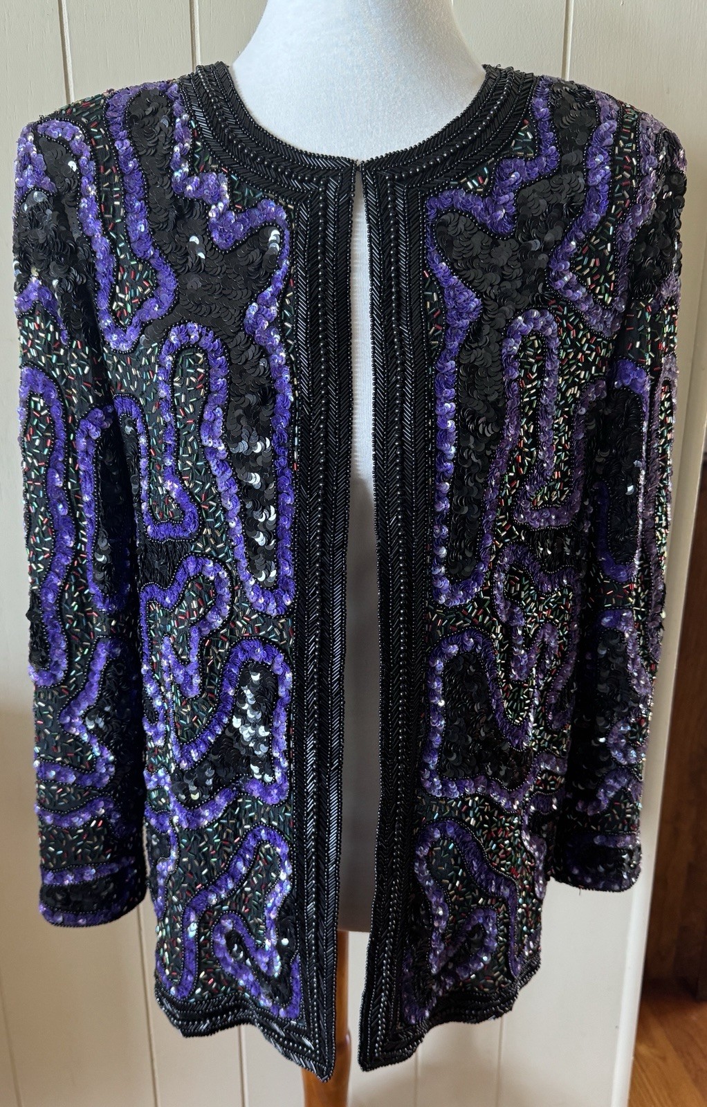 Vintage 80s-90s Leslie Fay Jacket Evenings Beads Sequins 100% Silk Lined Large