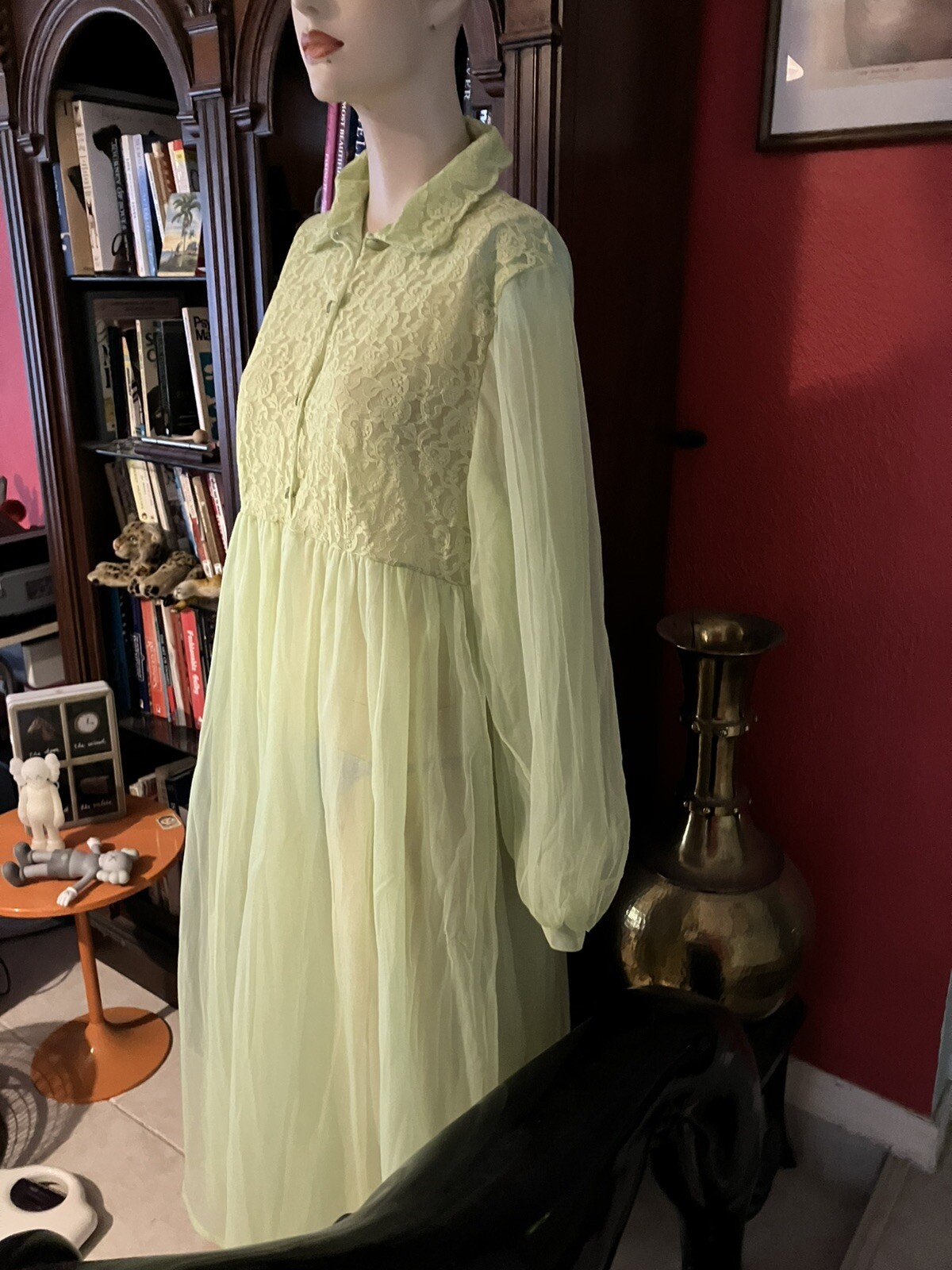 Vintage 60s double nylon chiffon lime green negligee Peignoir lingerie L