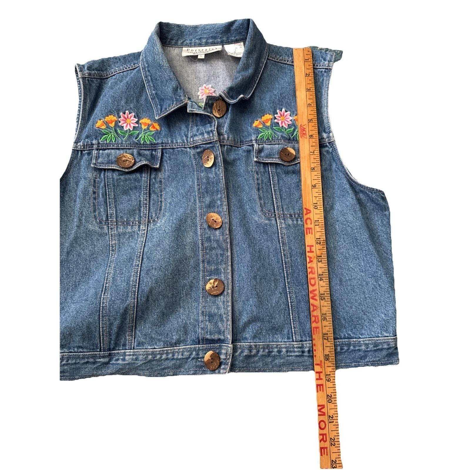 Portraits by Northern Isles Denim Vest 90s Vintage Floral Embroidery