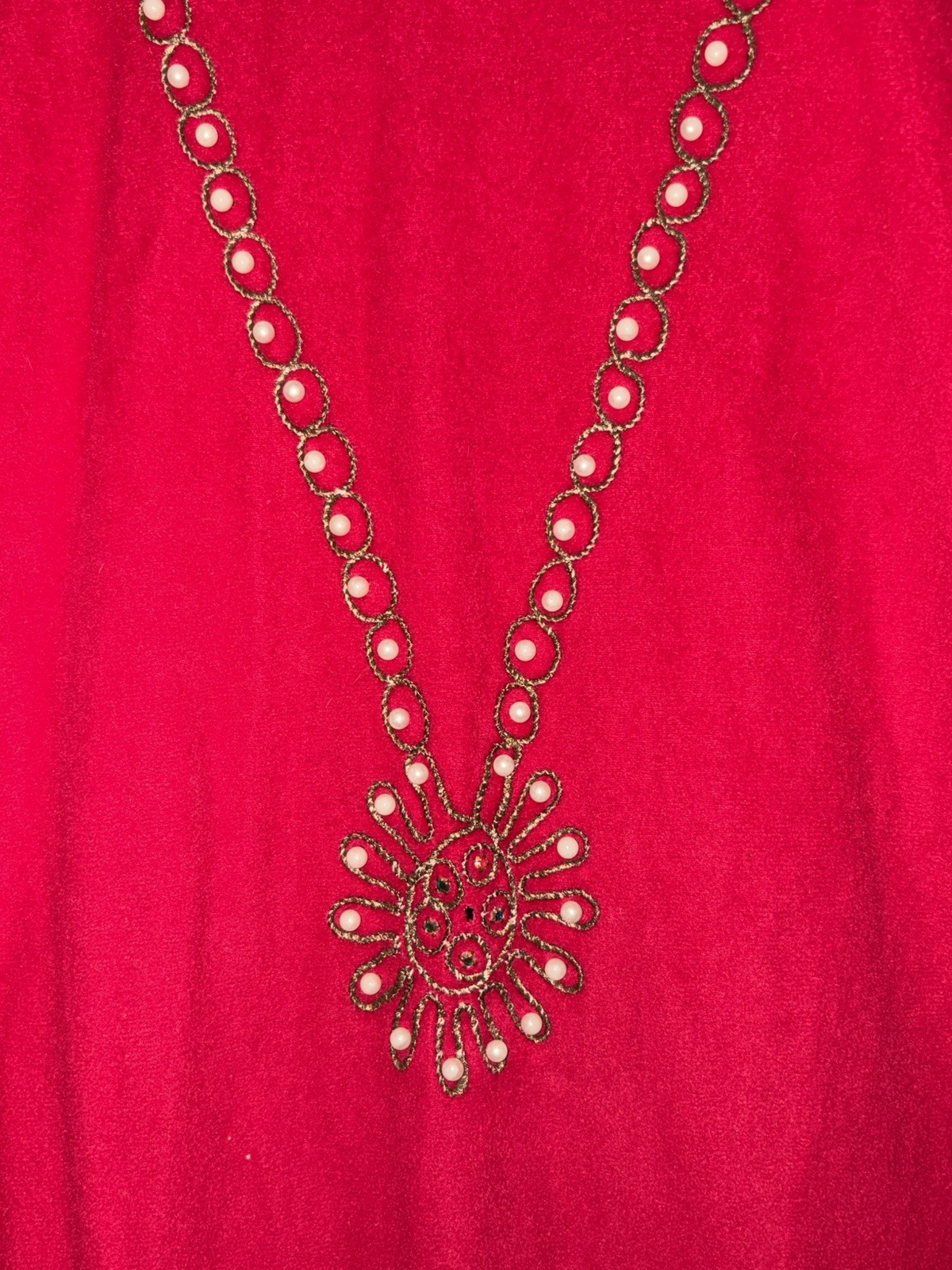 Vintage Mid Century Maxi House Dress Robe Rhinestone Pearl Bedazzled Sz Lg