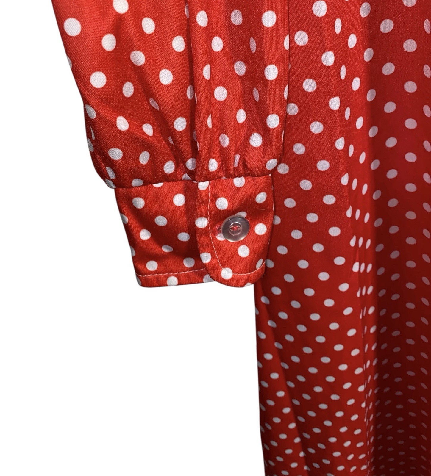 Vintage Sue Brett Red & White Polka Dot Dress M Pointed Collar Long Sleeve Retro