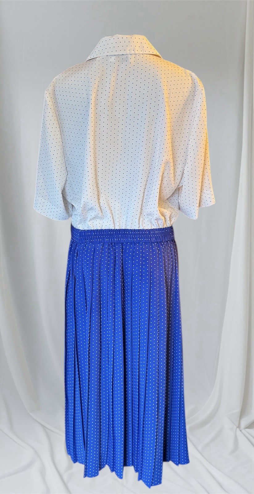 Vintage Leslie Fay Women’s Dress 16 WP Petite Blue White Dots Pleated 80s 90s