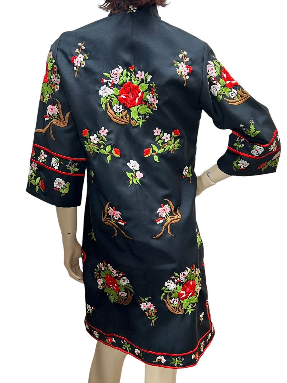 Vtg Sz S Oriental TUNIC Jacket Coat Hostess Robe Black Embroidered Philippines