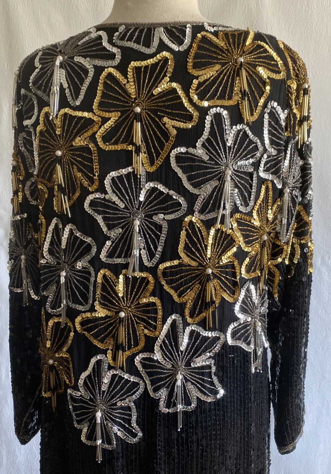 Vintage Jean for Joseph Le Bon Black Silk Sequin Dress Gold Silver 1980’s Size S
