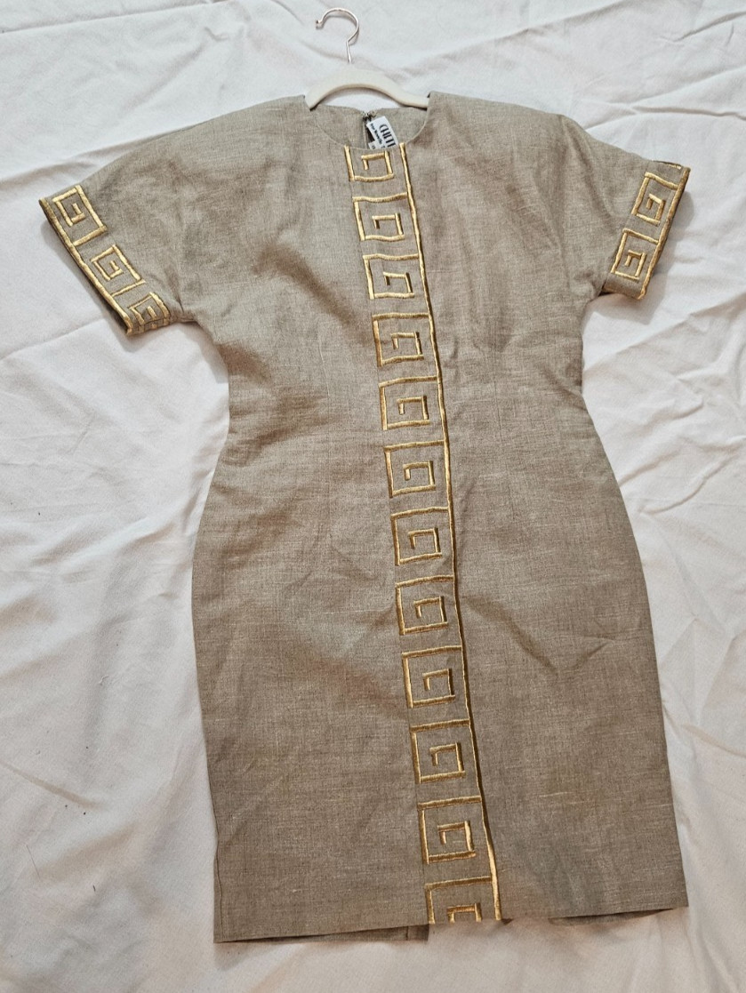 Vintage 80’s Chetta B Neutral Linen Dress w/Gold Metallic Embroidery, Sz.8, USA