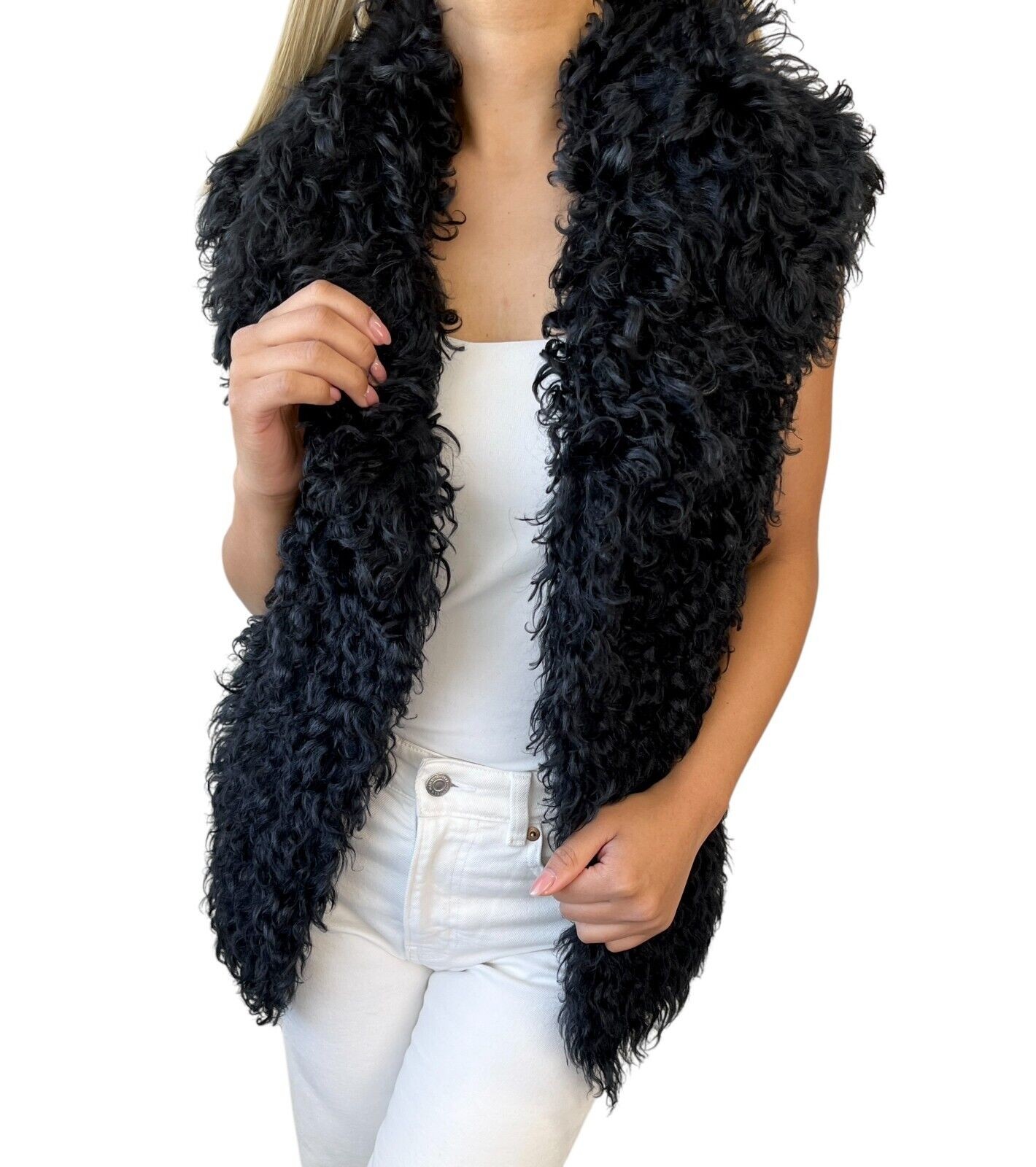 GUCCI Vintage Horsebit Faux Fur Jacket Knit Vest #40 Black Gold Wool Zip 104061
