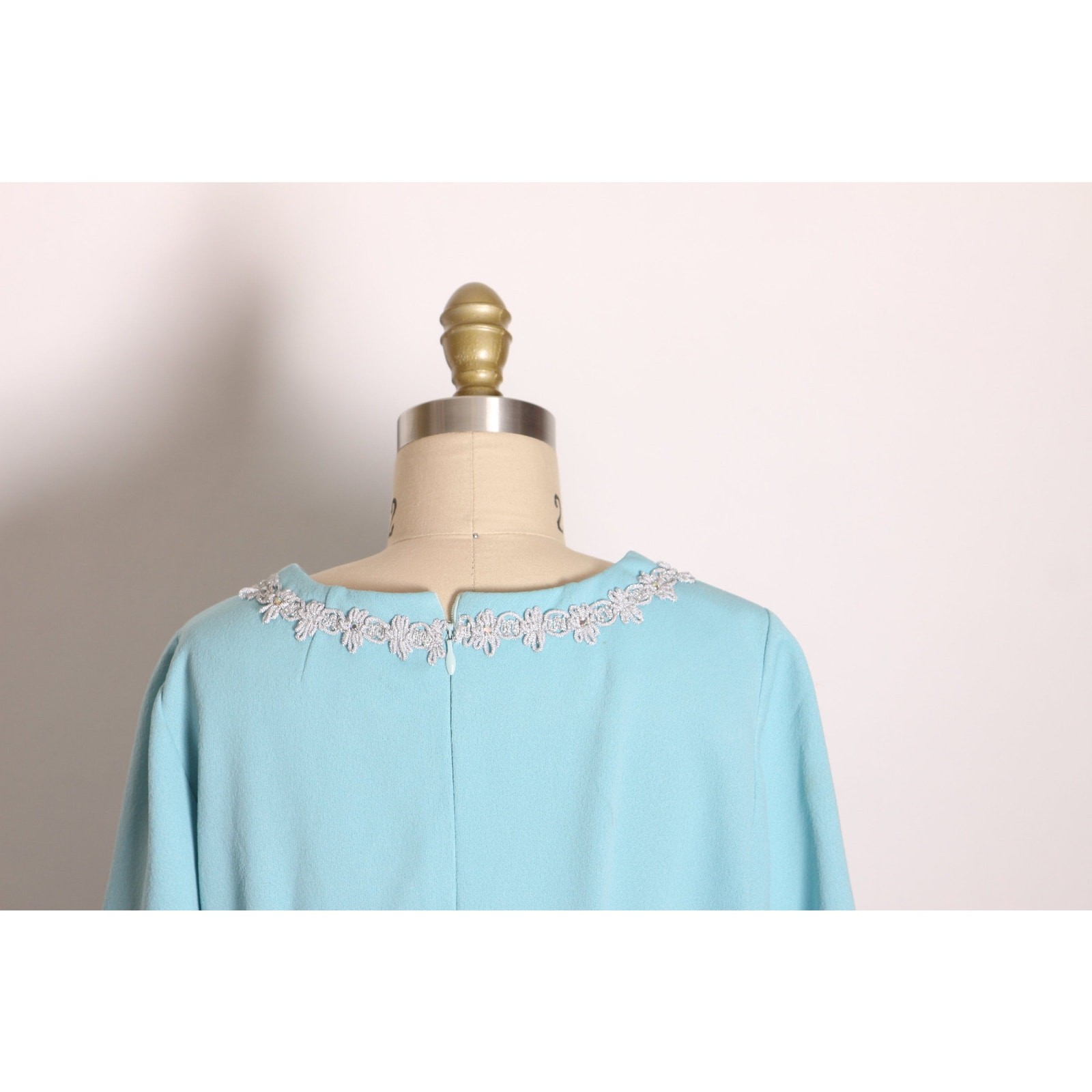 1960s Blue 3/4 Length Sleeve Empire Waist Silver Trim Mod Dress