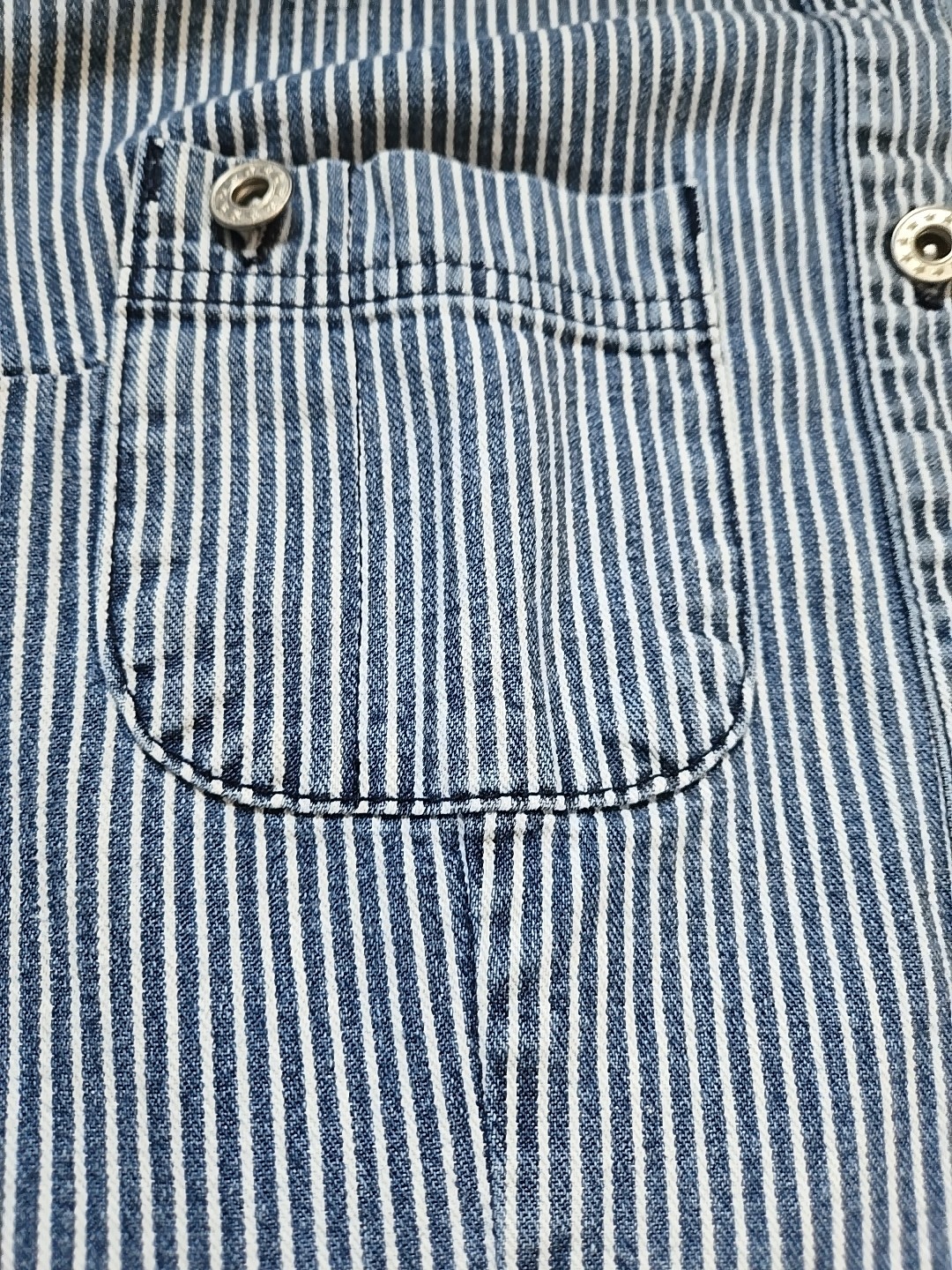 Isabella Bird Anthro denim midi dress 8 blue white stripe short cap sleeve