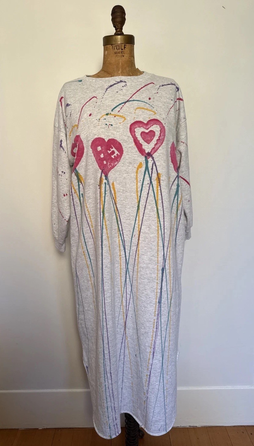 Vintage 80’s Cozy Sweatshirt Dress Heart Splatter Paint Print Cozy One Size
