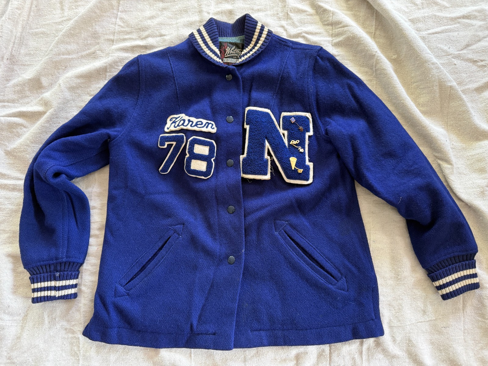 Vintage 70s Wool VARSITY JACKET Womens 14 WHITING Karen PIRATES Cheer PEP Pins