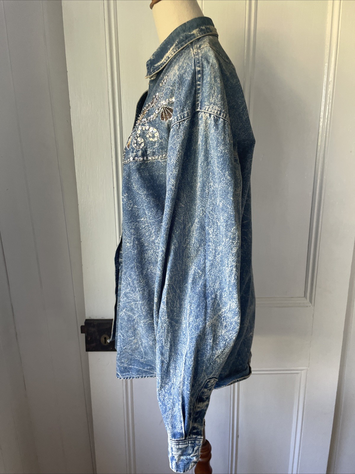 90s Vintage Christopher Ari Size XL Oversized Blue Stonewash Denim Shirt Sequin