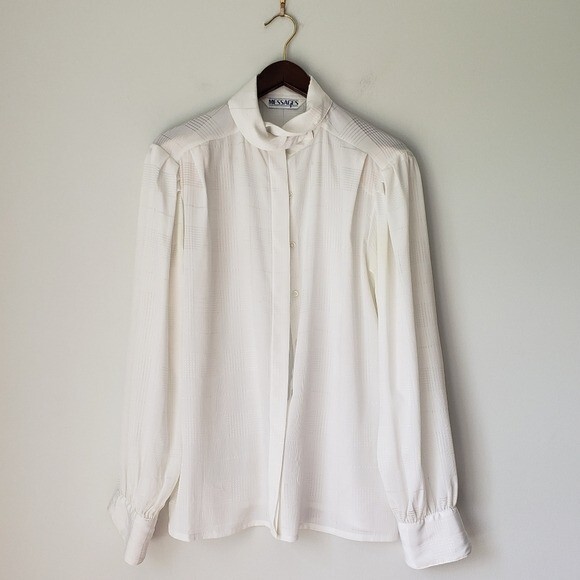 Vintage 80s Messages White Semi Sheer Check Pattern Puff Sleeve Blouse 12