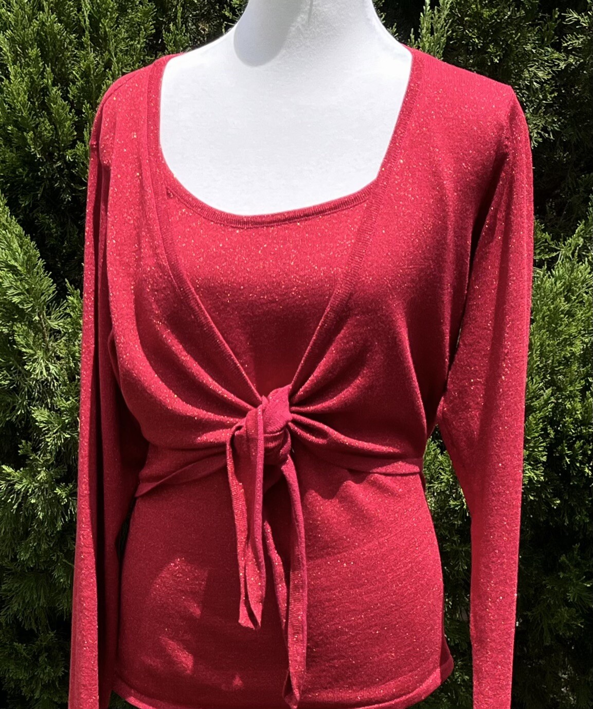 Blouse Red Size:XL Vintage Shimmery Pull Over Tie Front By NY Collection