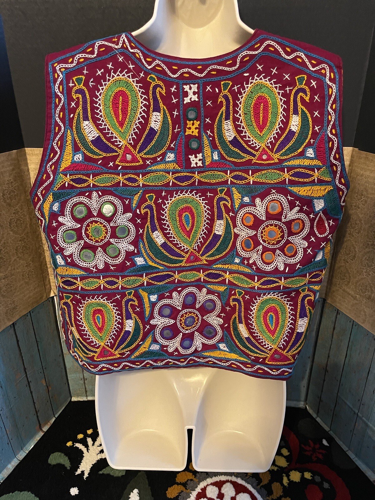 Vintage Boho Banjara Embroidered Mirror Vest 19” Pit To Pit Hippie Boho