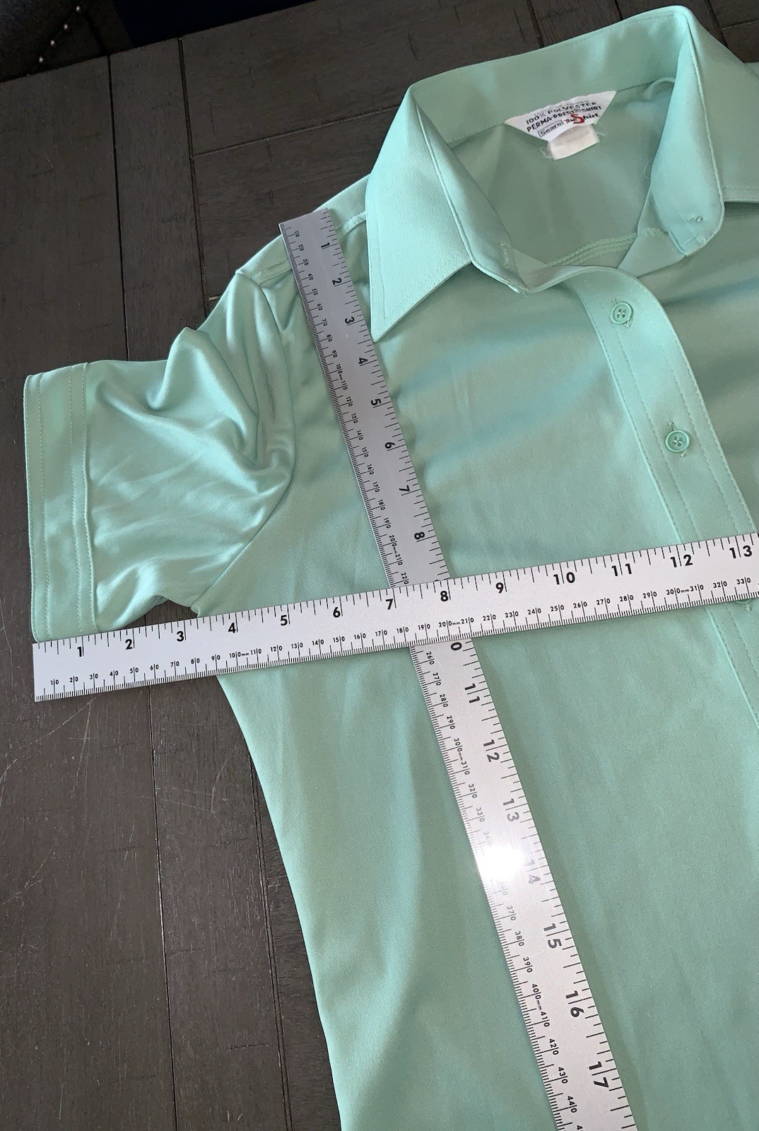 C1 80s Mint Green Button Up Blouse Short Sleeve Pointed Collar SZ 16 M/L SEARS
