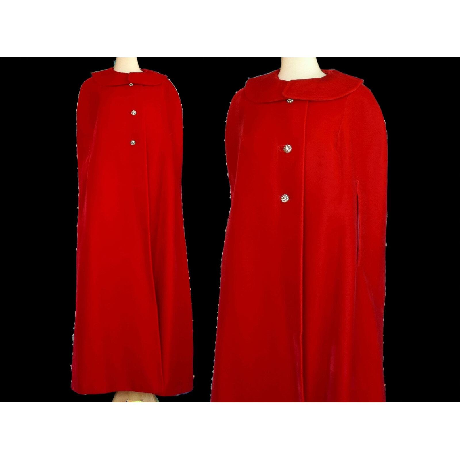 Vintage 60s Red Velvet Ankle Length Cape, Rhinestone Buttons, Size M, L, XL