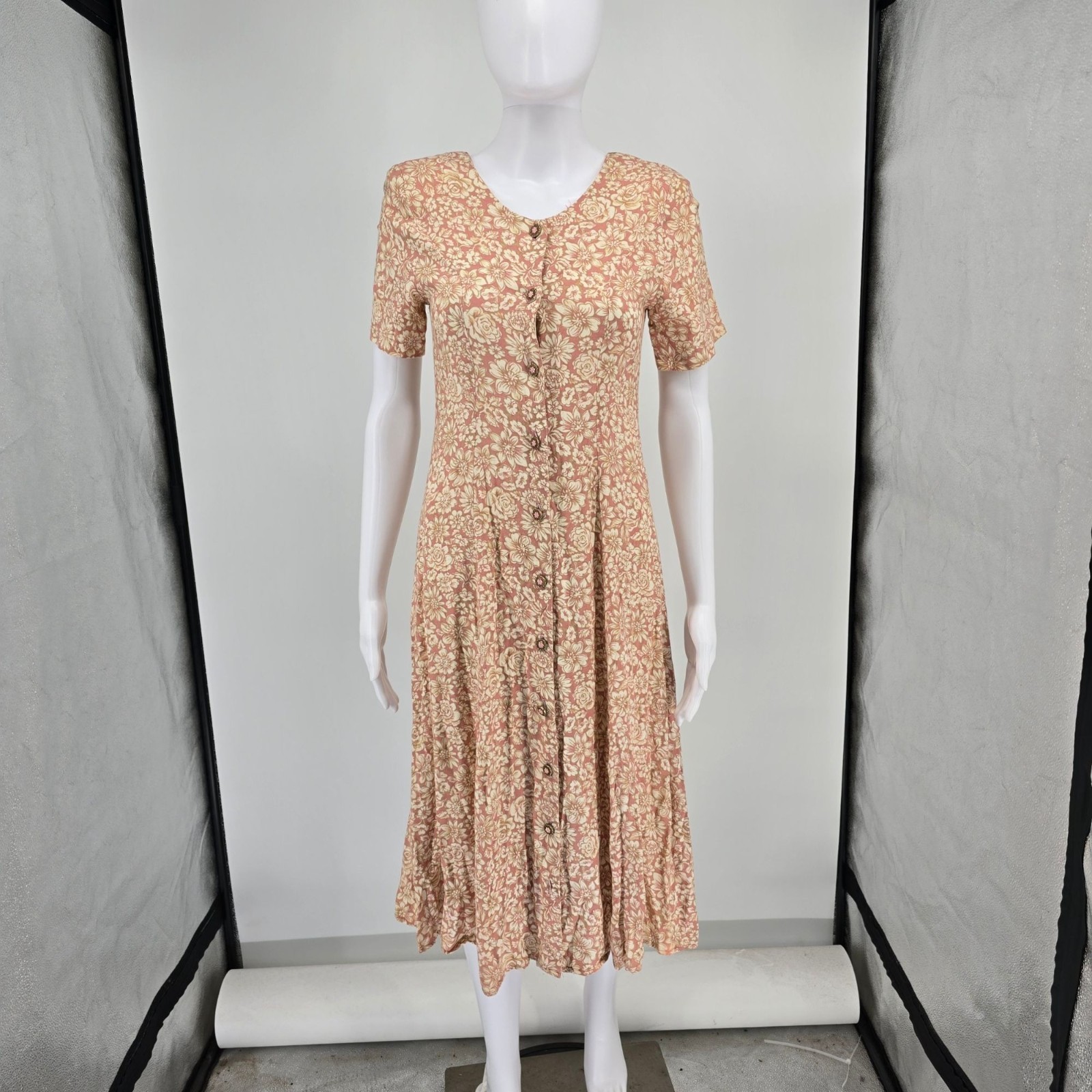 Vintage 1990s Rampage Pink Floral Rayon Button-Front A-Line Midi Dress (S)