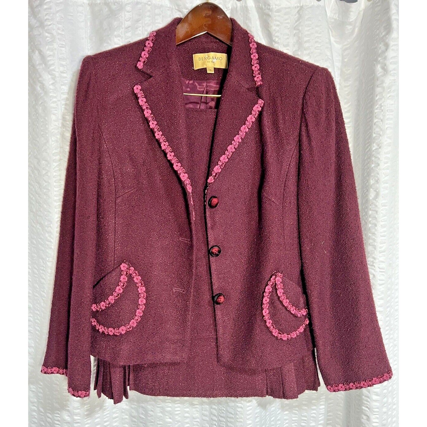 Bergamo Skirt Suit Set Women 10 Burgundy Pink Crochet Trim VTG Coquette Retro