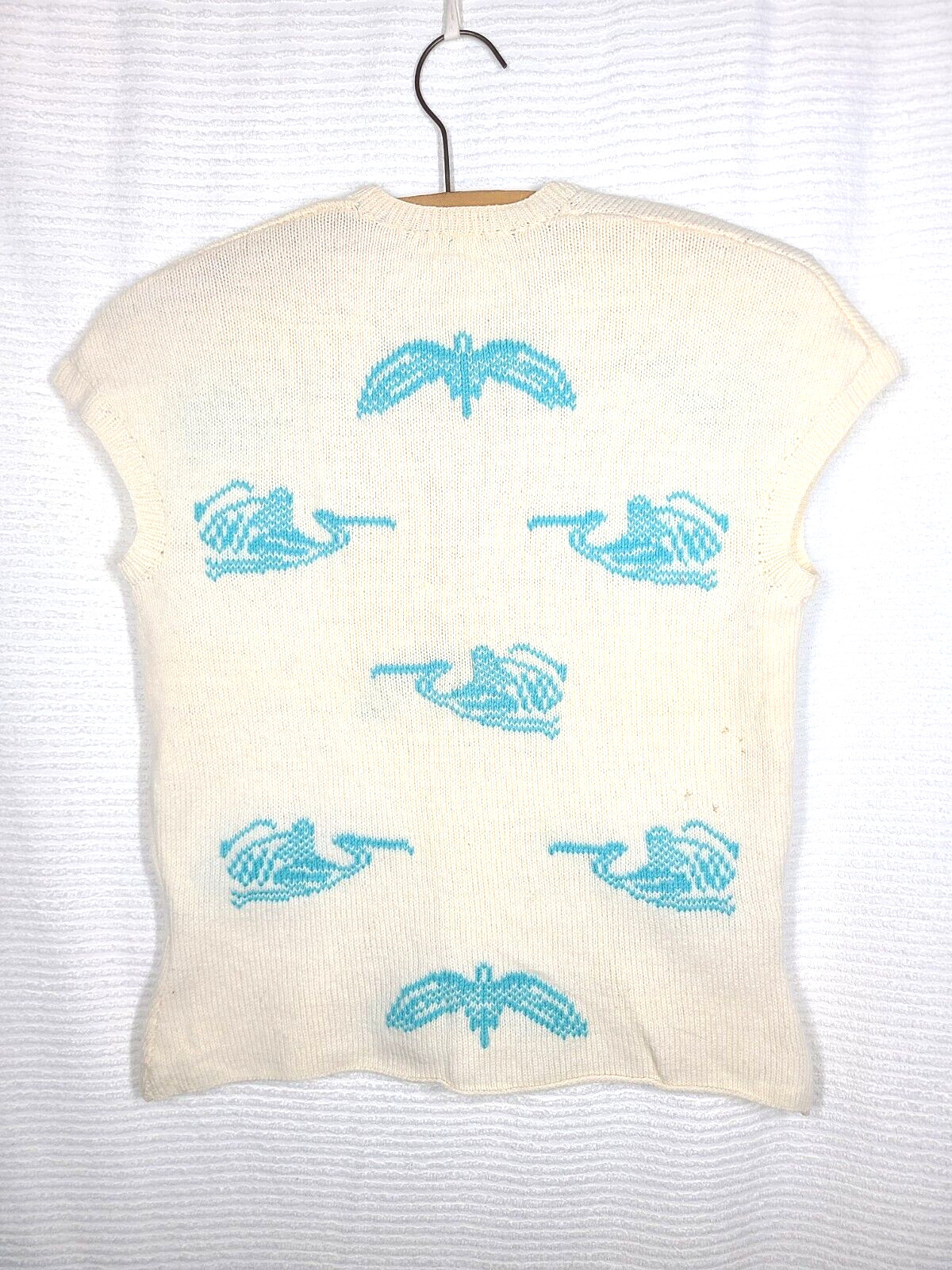 Vtg 50s Wool Hand Knit Top Intarsia Birds Stork Ivory Blue S M Retro Pinup Ooak