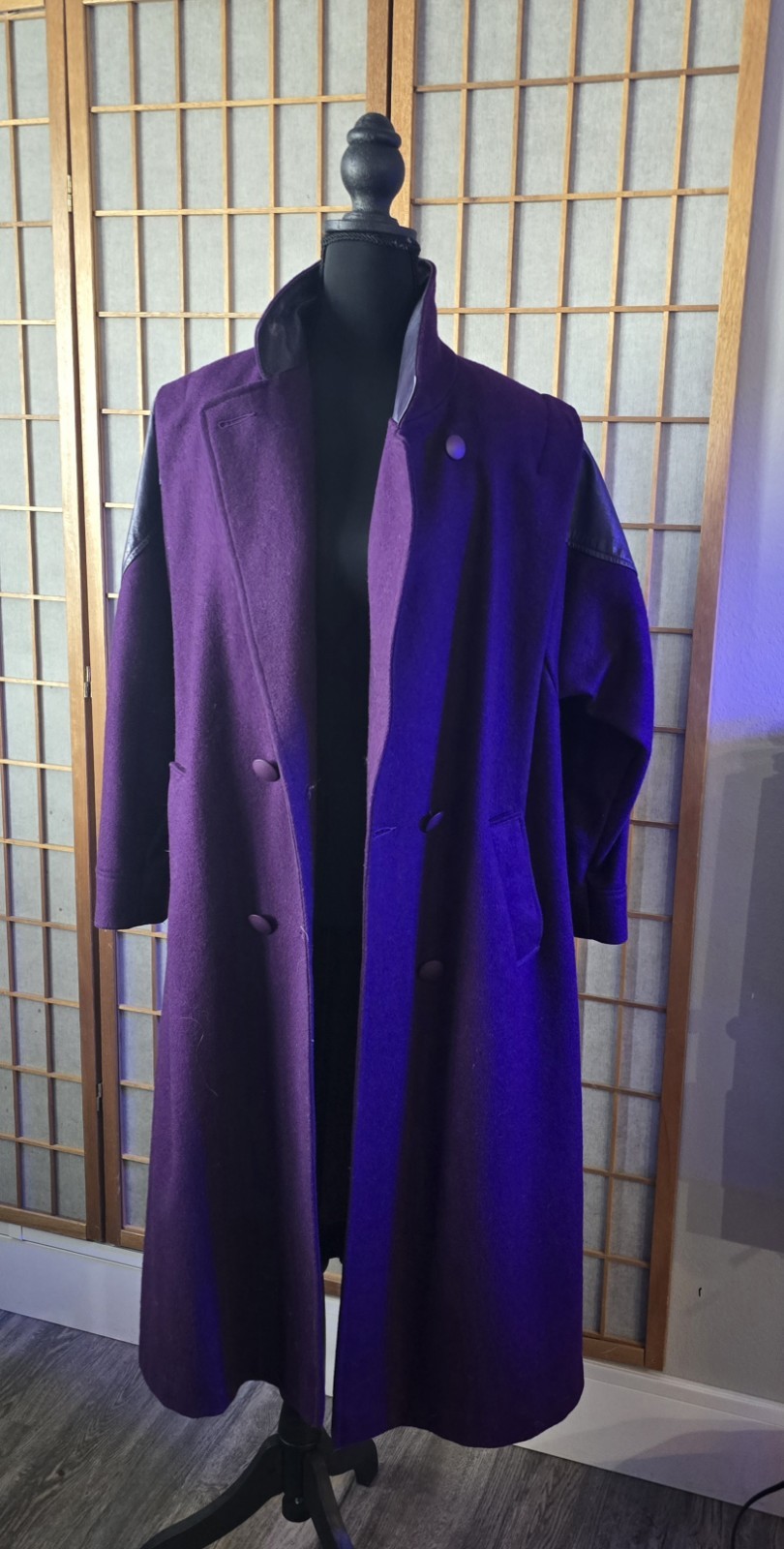 Vintage 1980’s Purple Wool And Leather Coat Women Medium Large