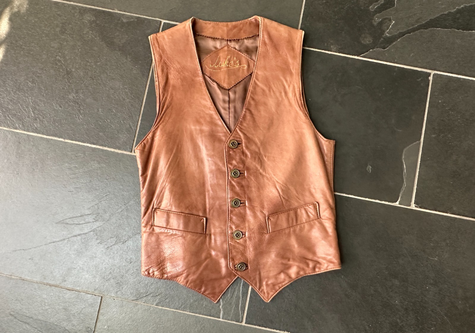 Vintage Gender Neutral Brown Leather Vest Metal Buttons Juke’s