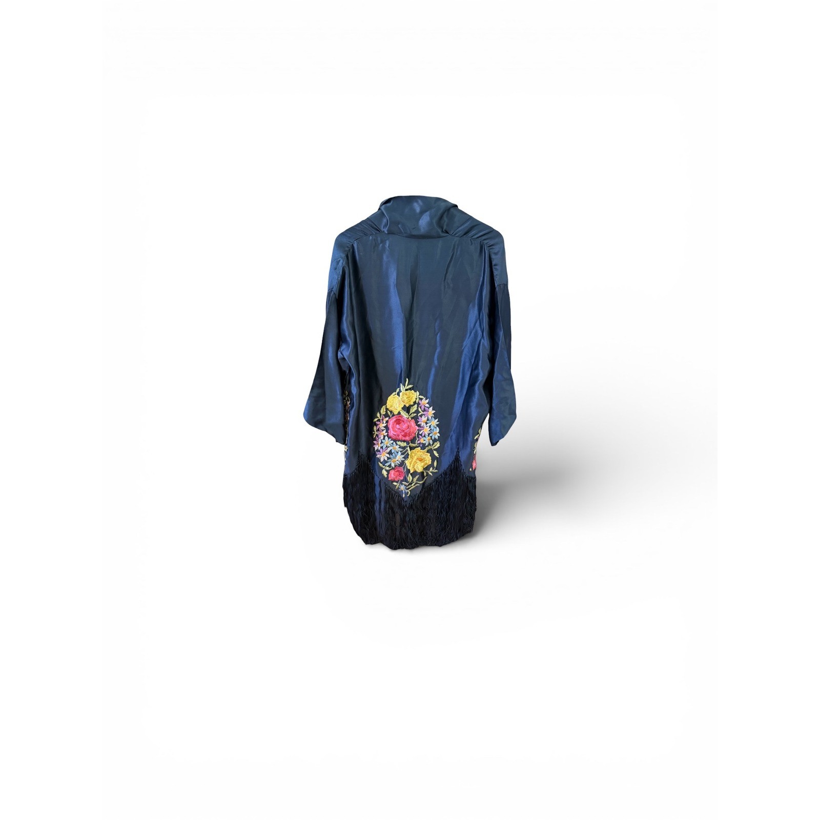 Vtg roaring 20s Embroidered Piano Shawl Kimono Black Fringe Duster Robe boho L