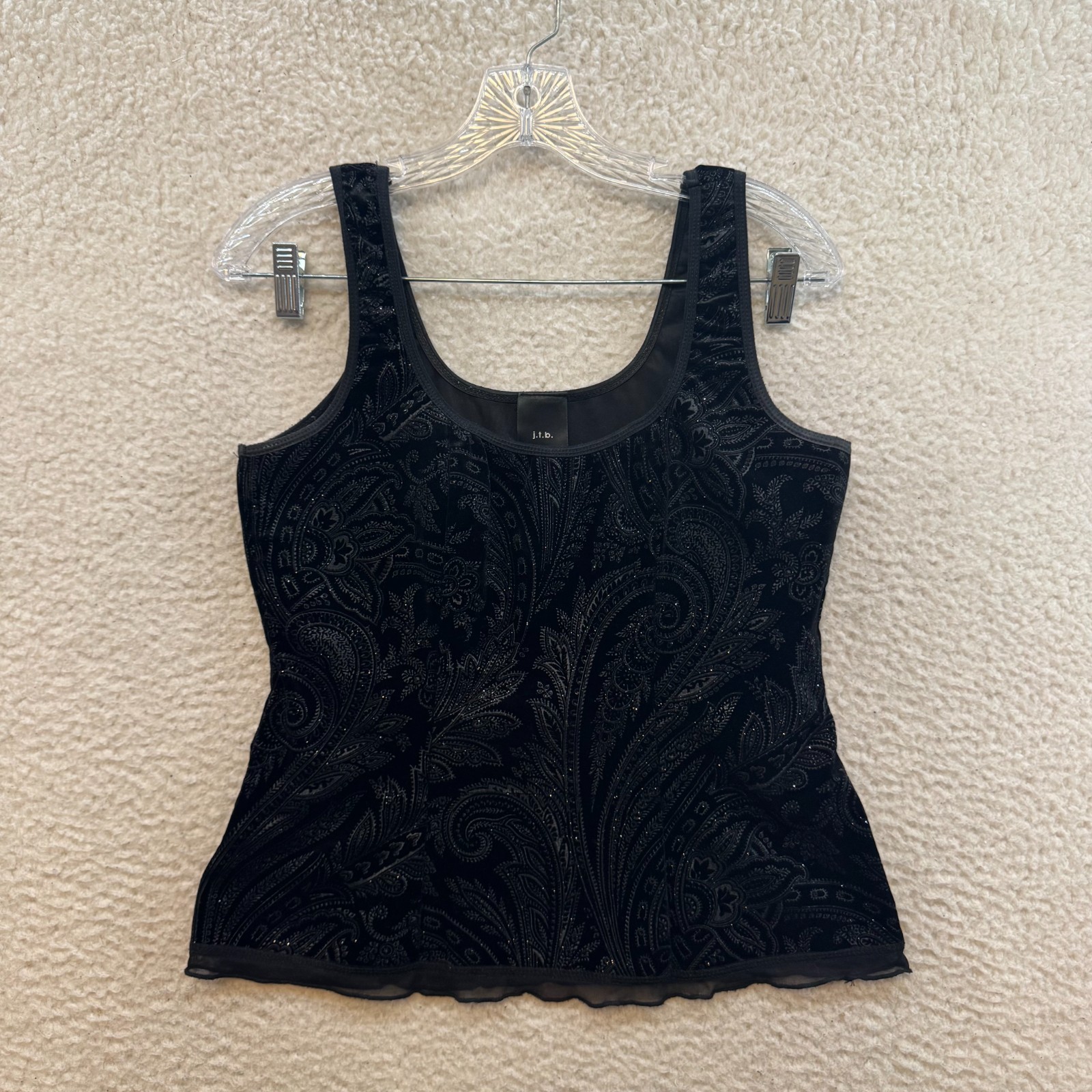 Y2K Vintage Sleeveless Top Large Black Glitter Sparkle Paisley Velvet Cocktail